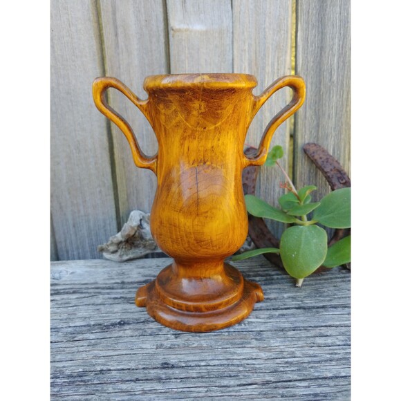 Vintage Milled Wood Trophy Cup Vase, Mod Dry Flower Vase Wood Home Decor - Picture 6 of 10